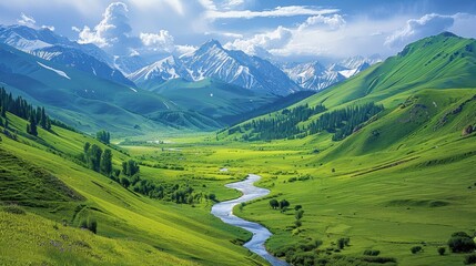 Fototapeta premium Lush green valley with a winding river and distant snow-capped mountains, natural background, idyllic scenery