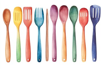 Colorful watercolor kitchen utensils clip art set, isolated on white, with gradient highlights, modern and playful indoor illustration