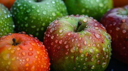 Close Up of Freshly Washed Red and Green Apples A Bountiful Display of Wet, Crisp Fruit