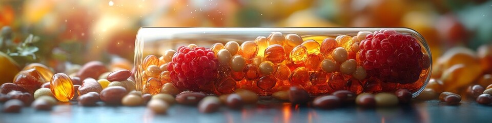 Innovative Nutritional Supplement Capsules Filled with Natural Ingredients. Conceptual Health and Wellness Visualization Showcasing Fruits, Vegetables, Nuts, and Legumes Inside Transparent Pills for B