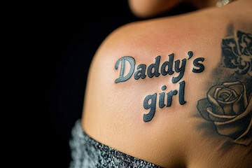 Tattoo with text 'Daddy's girl' on woman's shoulder