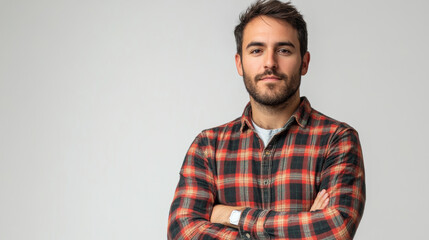 Portrait of a young caucasian male wearing a flannel plaid shirt isolated on plain background with copy space, the young man have a serious face thinking about is future