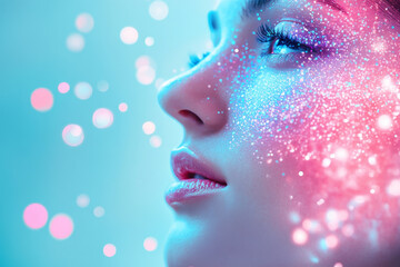 Pretty face of a young woman with beautiful skin looking healthy with bokeh, blue and pink colors and copy space , background for skincare or medical products