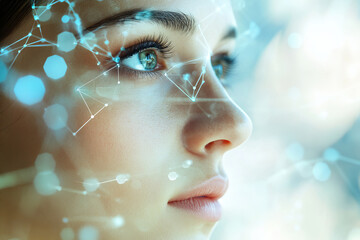 Face of a beautiful woman with bright network link and data flow background , the girl show a confident look with pretty eyes looking to the future , information and data backdrop with copy space