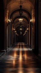 Obraz premium Illuminated Arched Hallway with Ornate Chandeliers