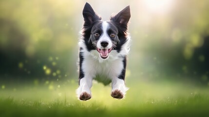 Obraz premium A Border Collie with a happy, focused look, running full speed across a field, its black and white fur a blur of motion.