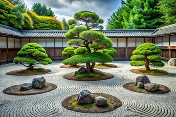 Fototapeta premium Serenely composed vector illustration of a traditional Japanese zen garden, featuring raked gravel, moss-covered stones, and carefully pruned bonsai trees amidst a calming minimalist backdrop.