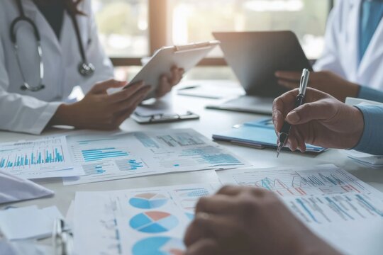 Medical professionals analyzing patient data and charts during a team meeting. The environment is professional and detail-oriented, Generative AI