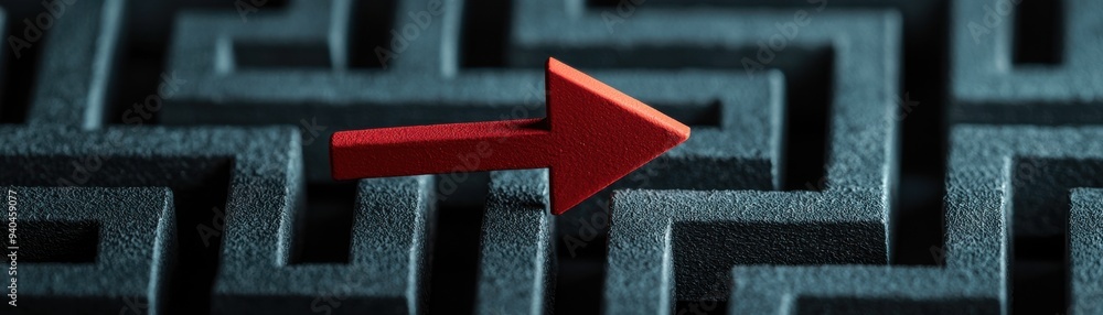 Poster a striking red arrow navigating through a complex maze, symbolizing direction and problem-solving in