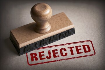 A thought-provoking scene of a wooden rubber stamp with the bold, capital letters 'rejected'