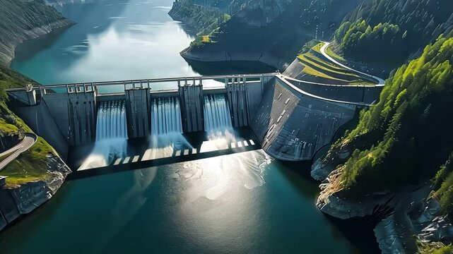 Aerial view of a large dam releasing water with surrounding landscape