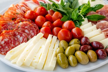 Colorful antipasto platter with sliced salami, cheese, olives, cherry tomatoes, and fresh basil.