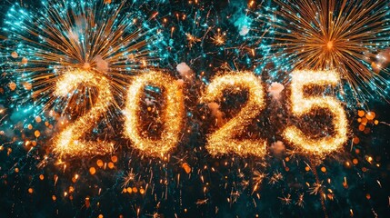 A high-resolution image of a fireworks display in a city, with a digital overlay of the year 2025 in bold fonts. The photo captures the vivid colors and dynamic shapes of the fireworks exploding in