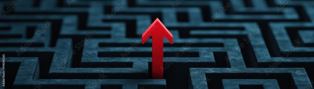 Poster a striking red arrow points upward through a complex maze, symbolizing direction and navigation amid