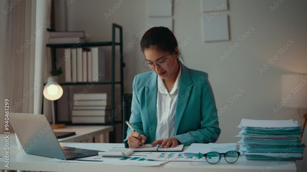 Aufkleber asian accountant reviews financial documents at her desk, using a calculator and taking notes in a n