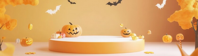 Halloween Podium Display, vibrant 3D podium design, light background enhances visibility, themed board invites engaging text, perfect for festive presentations or promotions.