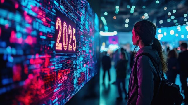 A vibrant photograph of a digital screen at a technology conference displaying the year 2025 in modern, futuristic fonts. The high-resolution image captures the clarity of the screen and the dynamic