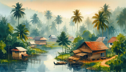 Fototapeta premium Kerala village landscape with mountains, coconut trees and small houses. Watercolor style Kerala village landscape. AI Generated