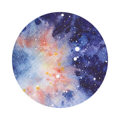 Planet, circle, sphere, space, isolated on a white background, watercolor illustration hand-drawn. A decorative element for design and decoration. Starry night sky, nebula, galaxy, round spot.