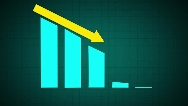 Falling trend chart. Abstract decreasing business graph blue bars with yellow arrow animation background. Bad economy recession graph chart on blue background with grid