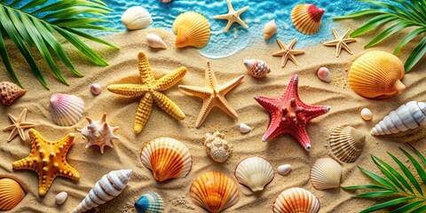 Collection of summer beach icons and accessories including starfish, seashells, and tropical elements, Summer, beach