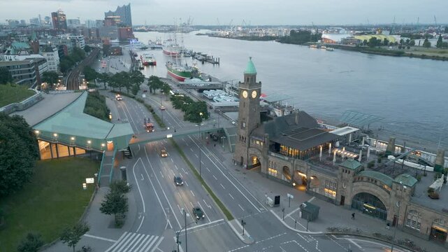 Hamburg Timelapse Landungsbr&uuml;cken and Harbour at Sunset aerial drone fotage hamburg city skyline.