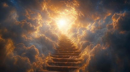 ascending a sunlit staircase, symbolizing spiritual growth and divine guidance, with rays of light representing enlightenment and hope