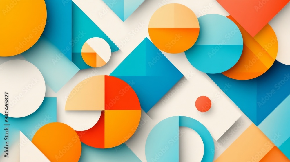 Poster vibrant geometric design with overlapping triangles and circles for dynamic advertising