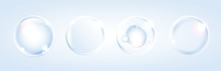 Obraz premium Hyaluronic acid bubbles, collagen clear drops on blue background. cosmetic serum. osmetic essence. concept skincare cosmetics solution.