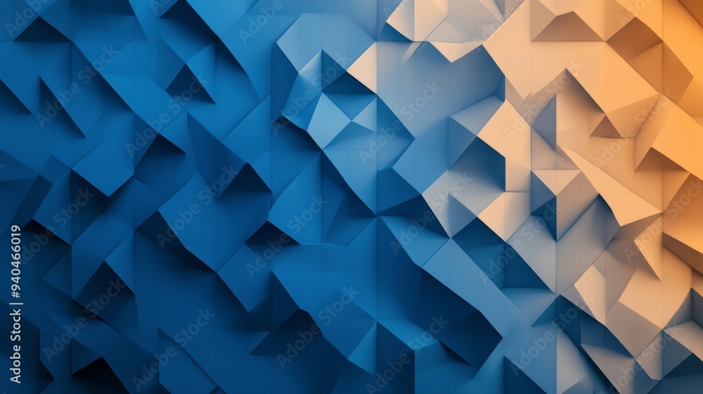 Poster dynamic geometric design of triangles and hexagons in vibrant blues and oranges for advertising and 