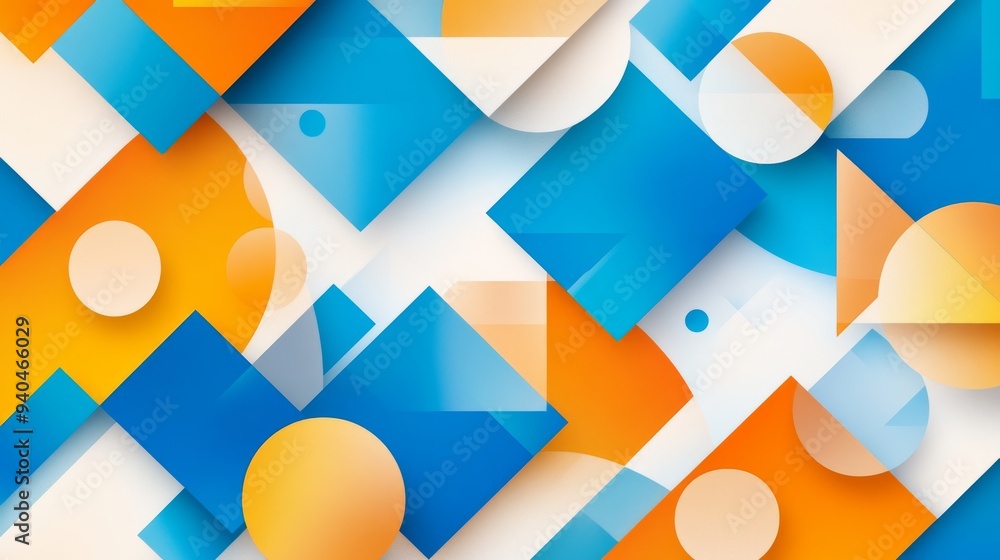 Poster dynamic geometric abstract design with overlapping triangles and circles in bright blues and oranges
