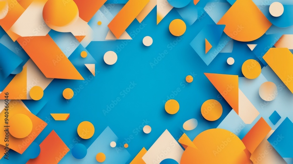 Poster dynamic geometric abstract background with overlapping triangles and circles in bright blues and ora