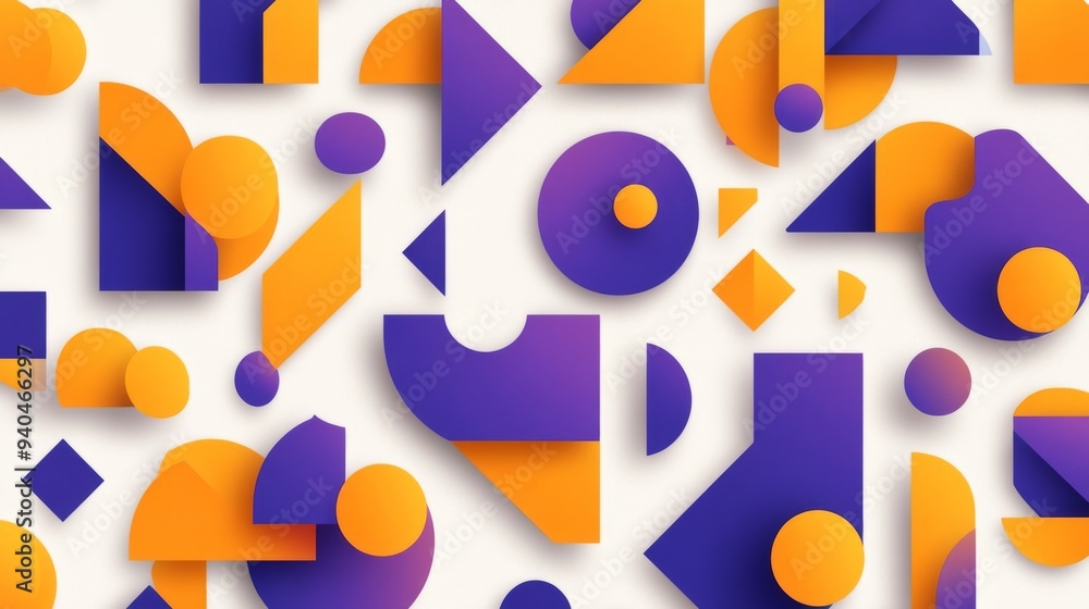 Poster dynamic geometric design with overlapping triangles and circles in vibrant purple and orange hues fo