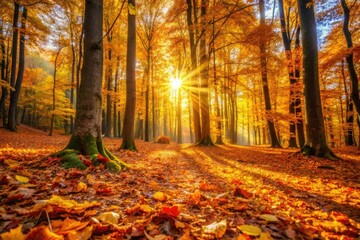 Autumn forest with vivid yellow and orange foliage, trees close together. Sunlight filters through leaves, making the forest glow. Fallen leaves cover the ground, gently blown by the wind.