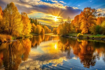 The sunset reflects on a peaceful river, coloring the sky and autumn trees in yellow. The tall trees mirror on the calm water, blending orange and yellow hues, creating a romantic, fairy-tale-like sce