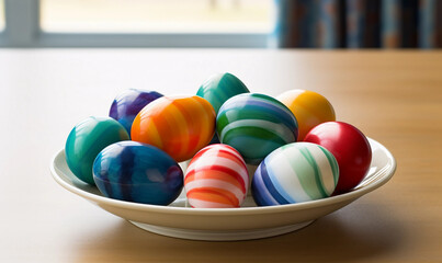 Colorful Easter eggs on a white plate