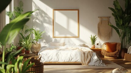 A Minimalist Bedroom Interior with a Blank Canvas and Lush Greenery