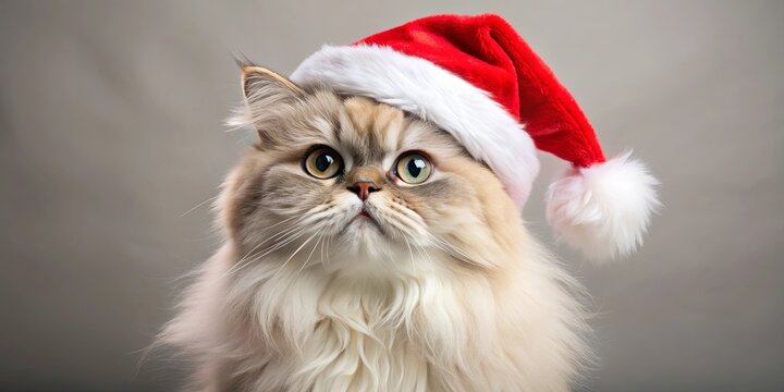 Cute Christmas persian colourpoint cat wearing a Santa hat, festive, holiday, fluffy, feline, adorable, pet, whiskers, celebration