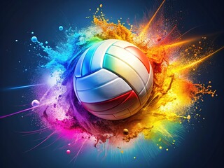 Stylized colorful illustration of a volleyball in motion, surrounded by dynamic splashes and trails, conveying energy, speed, and excitement in a fun and playful atmosphere.