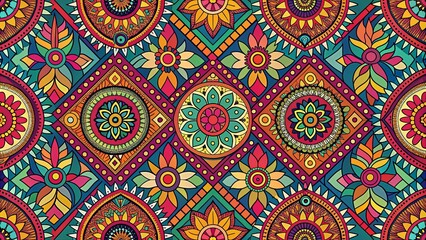 Bright and colorful ethnic tribal motifs seamless pattern with colored shapes and lines on background in bohemian style