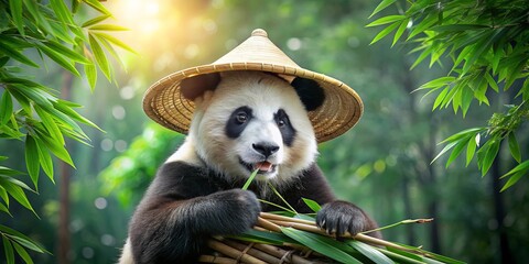 Obraz premium Giant panda with a bamboo hat, perched in a tree munching on bamboo shoots, giant panda, bamboo hat, tree, resting