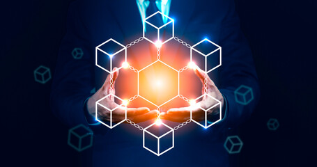 businessman showing a smart contract and executing a cryptocurrency transaction with blockchain technology.