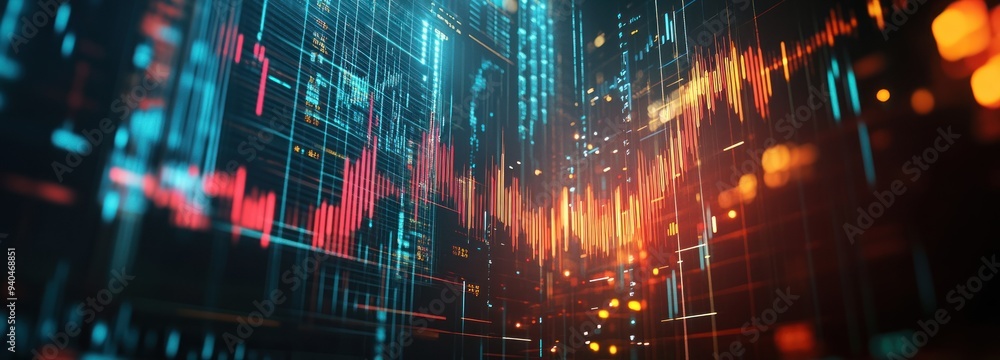Poster Abstract digital data visualization with colorful lines and grids