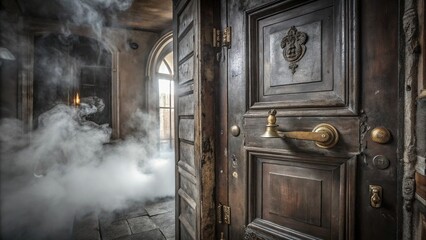 The heavy oak door creaks open onto a shroud of luminescent fog, revealing an antique brass handle set against dilapidated wood, exuding foreboding.