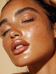 Close-up of a radiant woman with glowing skin and freckles, showcasing beauty and elegance in a warm, soft light.