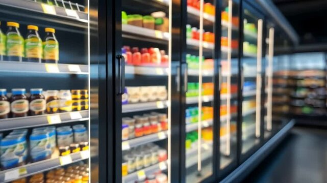 Modern grocery store aisle with well-lit shelves displaying assorted beverages and food products.