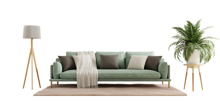 Green sofa and decor in living room on transparent background- 3D rendering