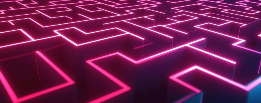 A glowing 3D maze with paths lit in neon light, 3D glow, maze, puzzle