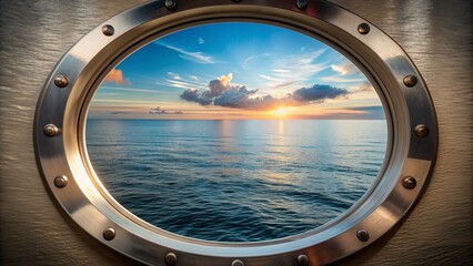 Fototapeta premium Porthole of a ship with a beautiful view of the sea, ocean, maritime, travel, vacation, portal, window, lookout, nautical