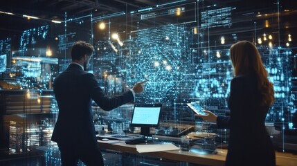 Corporate professionals in action, overlaid with a futuristic digital network interface